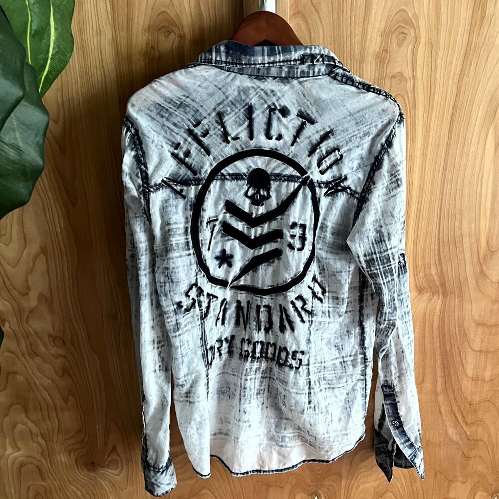 SOLD: Affliction Standard Dry Goods Distressed Long Sleeve Button Down Shirt - M